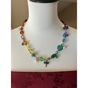 Vintage Bead Lady Rainbow Glass Pearl Necklace Sterling Silver Charms 22in NOS